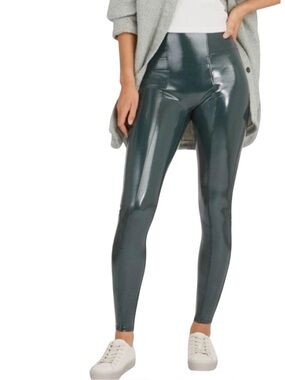 Spanx Black Patent Faux Leather High Rise Leggings Shiny Liquid Pants Womens M